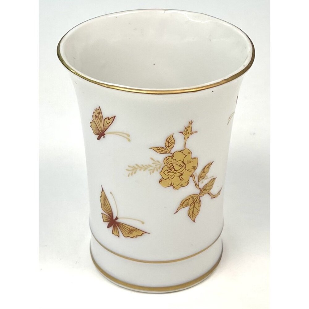 VTG 4" Handpainted Gilded Rose & Butterfly Ceramic Bathroom Cup Vase Japan EUC